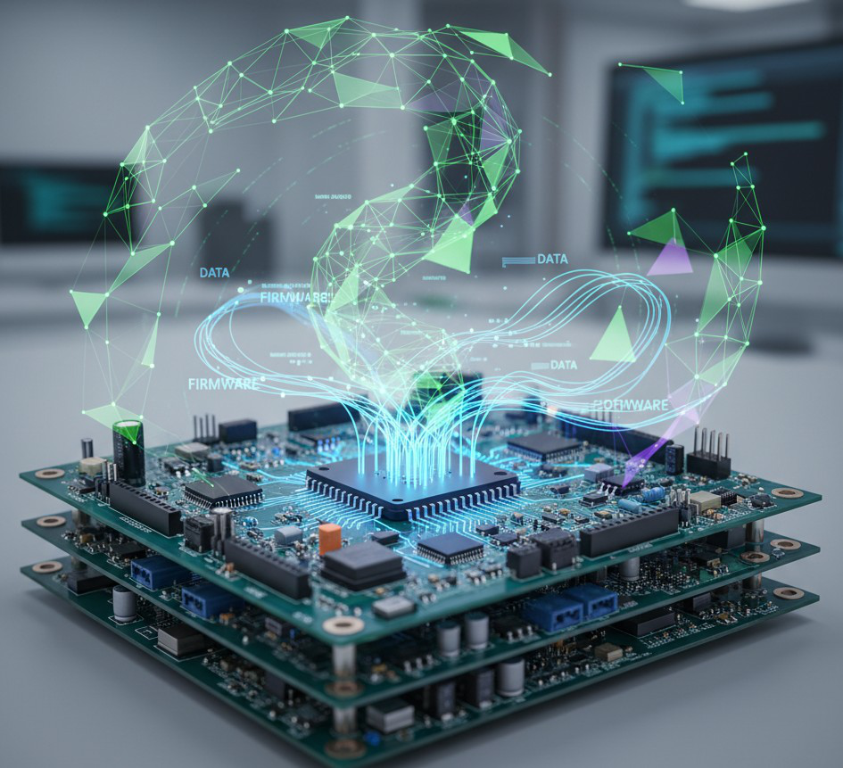 Developer working on embedded system on a workbench